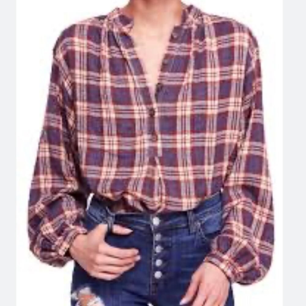Free People Blouse Womens S Northern Bound Plaid PullOver Flowy Boho Peasant